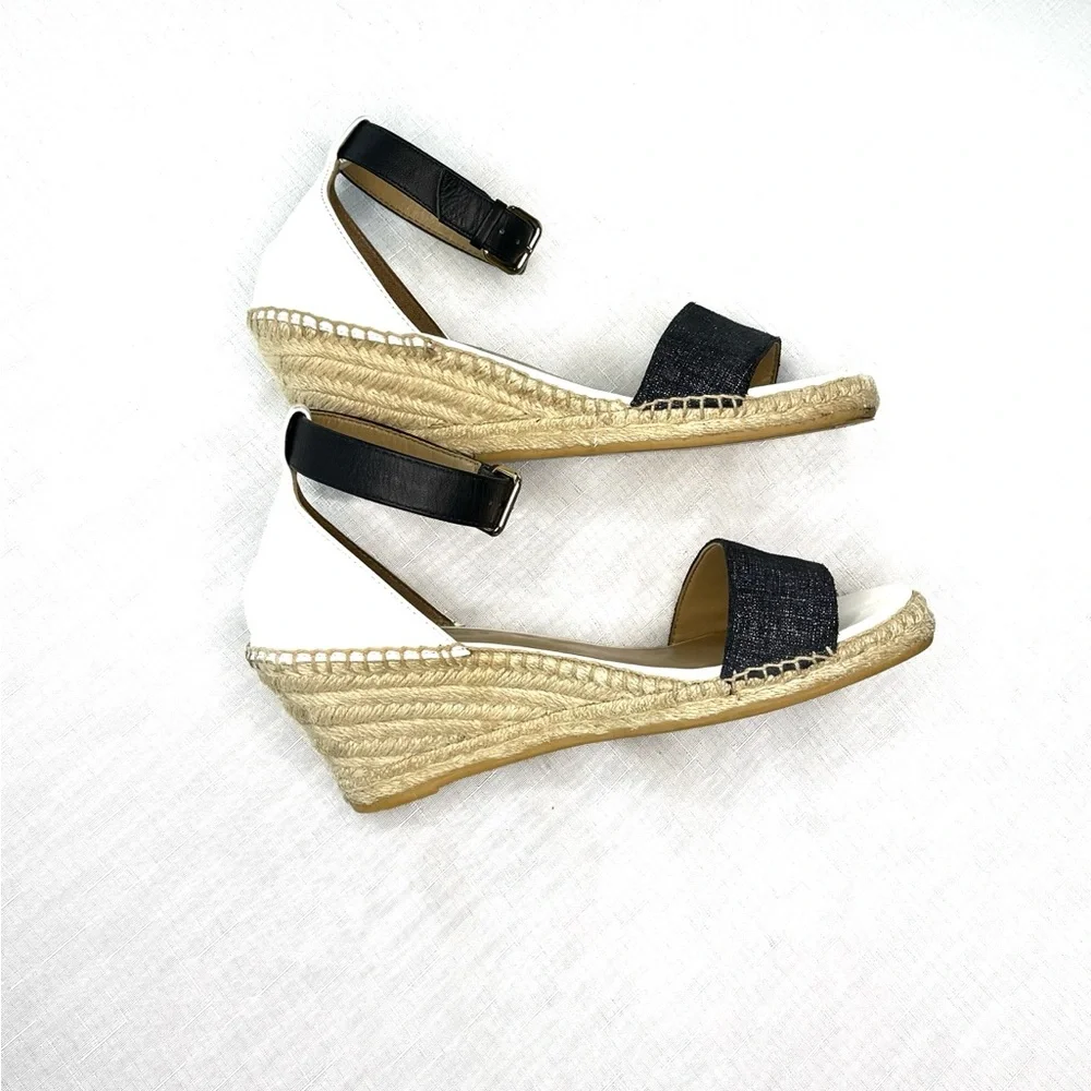 Talbots Navy Espadrille Sandals Ankle Strap Canvas Leather Size 6.5